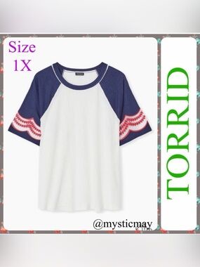 New TORRID Ivory & Navy Embroidered Sleeve Raglan Top Baseball Tee Plus Size 1X